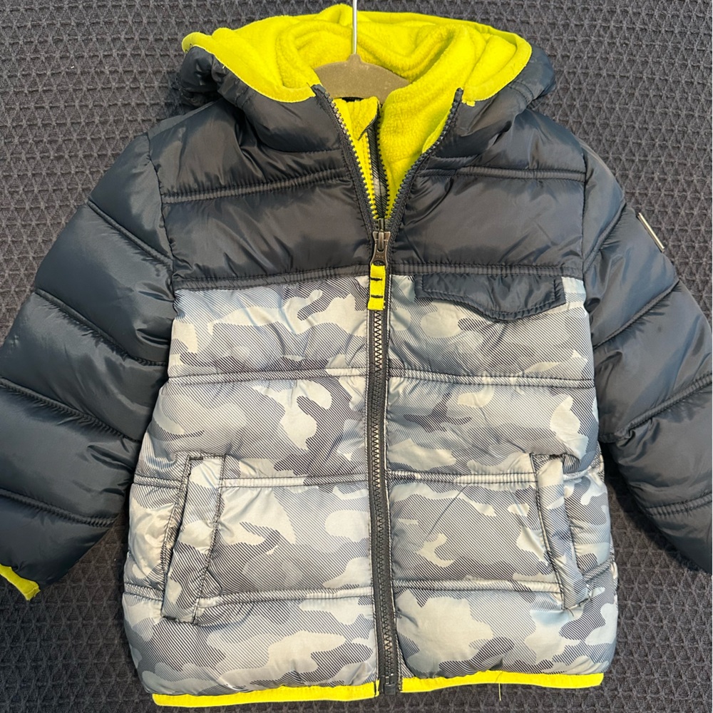 Snozu Kids Puffer Jacket, Navy with Yellow Accents